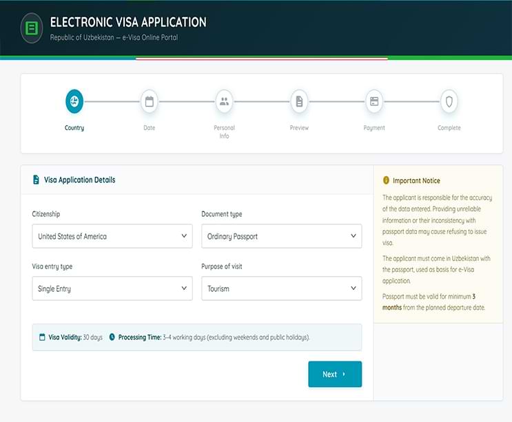 Uzbekistan e-Visa application step 1