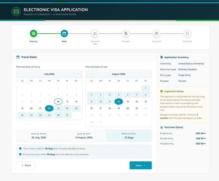 Uzbekistan e-Visa application step 2
