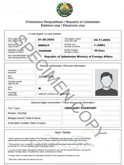 Sample Uzbekistan e-Visa approval